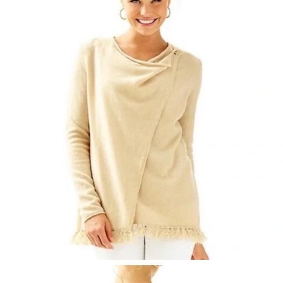 Lilly Pulitzer Alina Heathered Avenue 100% Cashmere Drape Cardigan Fringe - Picture 12 of 13